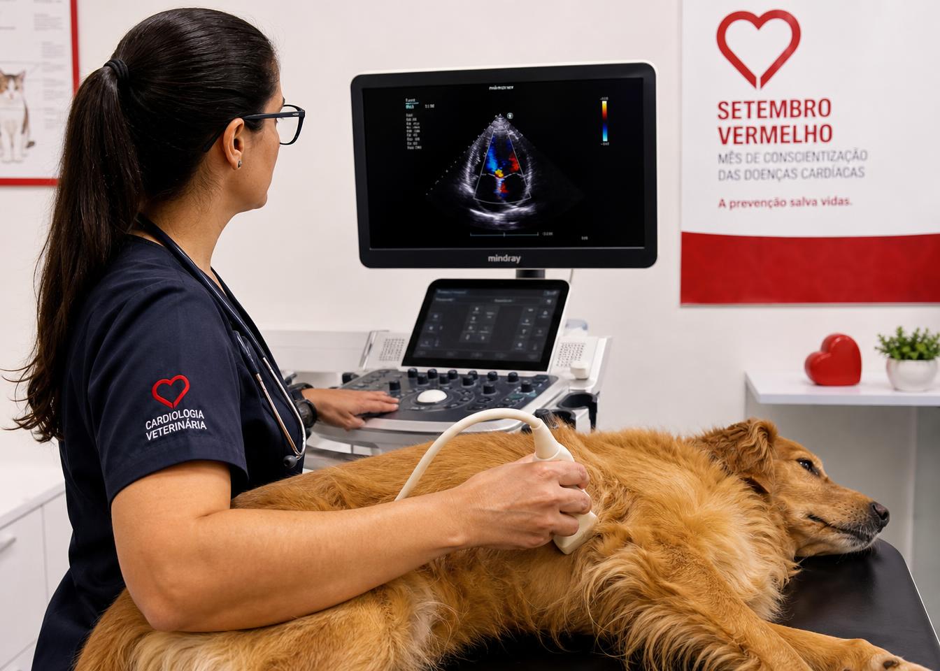 Cardiologista veterinária realizando ecocardiograma em cão